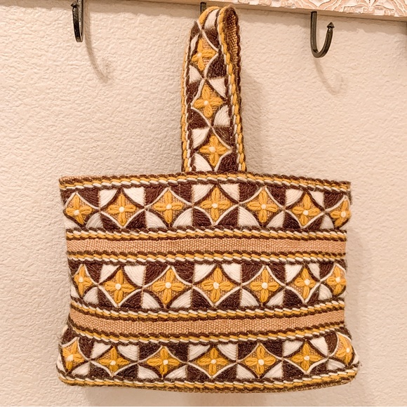 Vintage Handmade Burlap Embroidered Satchel Hand Bag Geometric Tan Brown Boho - Picture 2 of 15